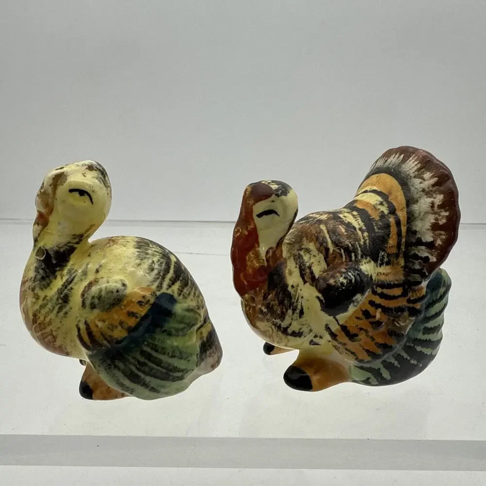 TOM TURKEY HEN SALT & PEPPER SHAKERS VTG MCM CHASE JAPAN 50s 60s THANKSGIVING